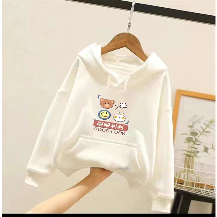 Áo hoodie gấu good luk cho bé gái phom rộng chất nỉ size từ 9 đến 65kg