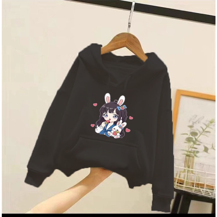 Áo hoodie cô gái tai thỏ cho bé gái phom rộng chất nỉ size từ 9 đến 65kg