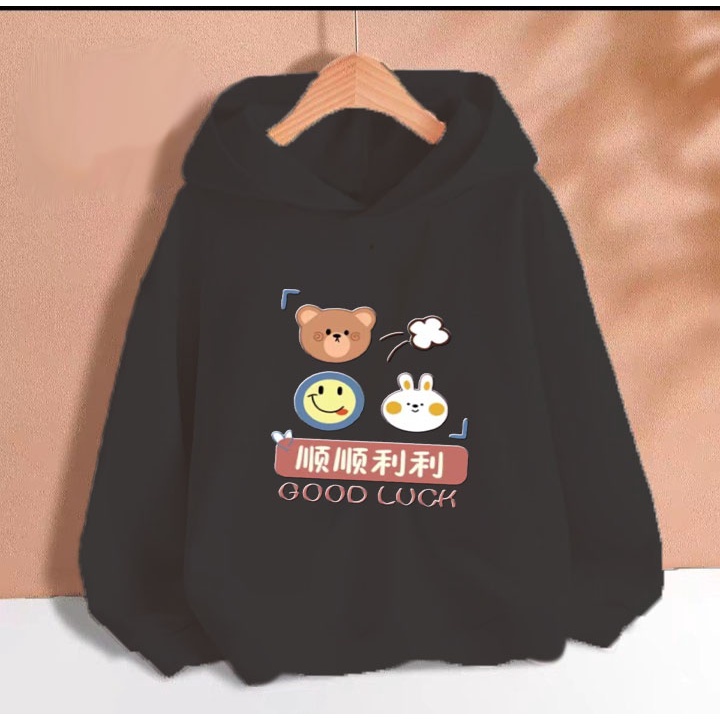 Áo hoodie gấu good luk cho bé gái phom rộng chất nỉ size từ 9 đến 65kg
