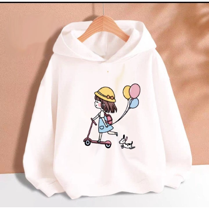 Áo hoodie cô gái bóng bay cho bé gái phom rộng chất nỉ size từ 9 đến 65kg