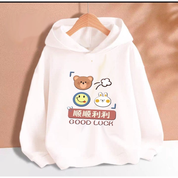 Áo hoodie gấu good luk cho bé gái phom rộng chất nỉ size từ 9 đến 65kg