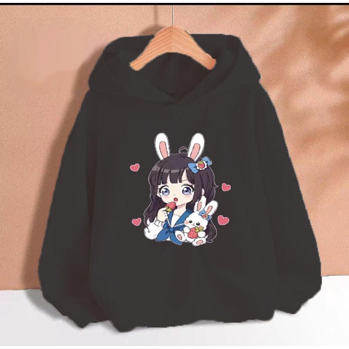 Áo hoodie cô gái tai thỏ cho bé gái phom rộng chất nỉ size từ 9 đến 65kg