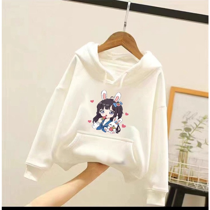 Áo hoodie cô gái tai thỏ cho bé gái phom rộng chất nỉ size từ 9 đến 65kg