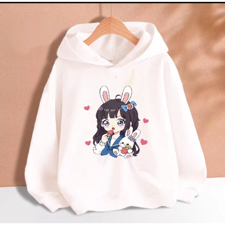 Áo hoodie cô gái tai thỏ cho bé gái phom rộng chất nỉ size từ 9 đến 65kg