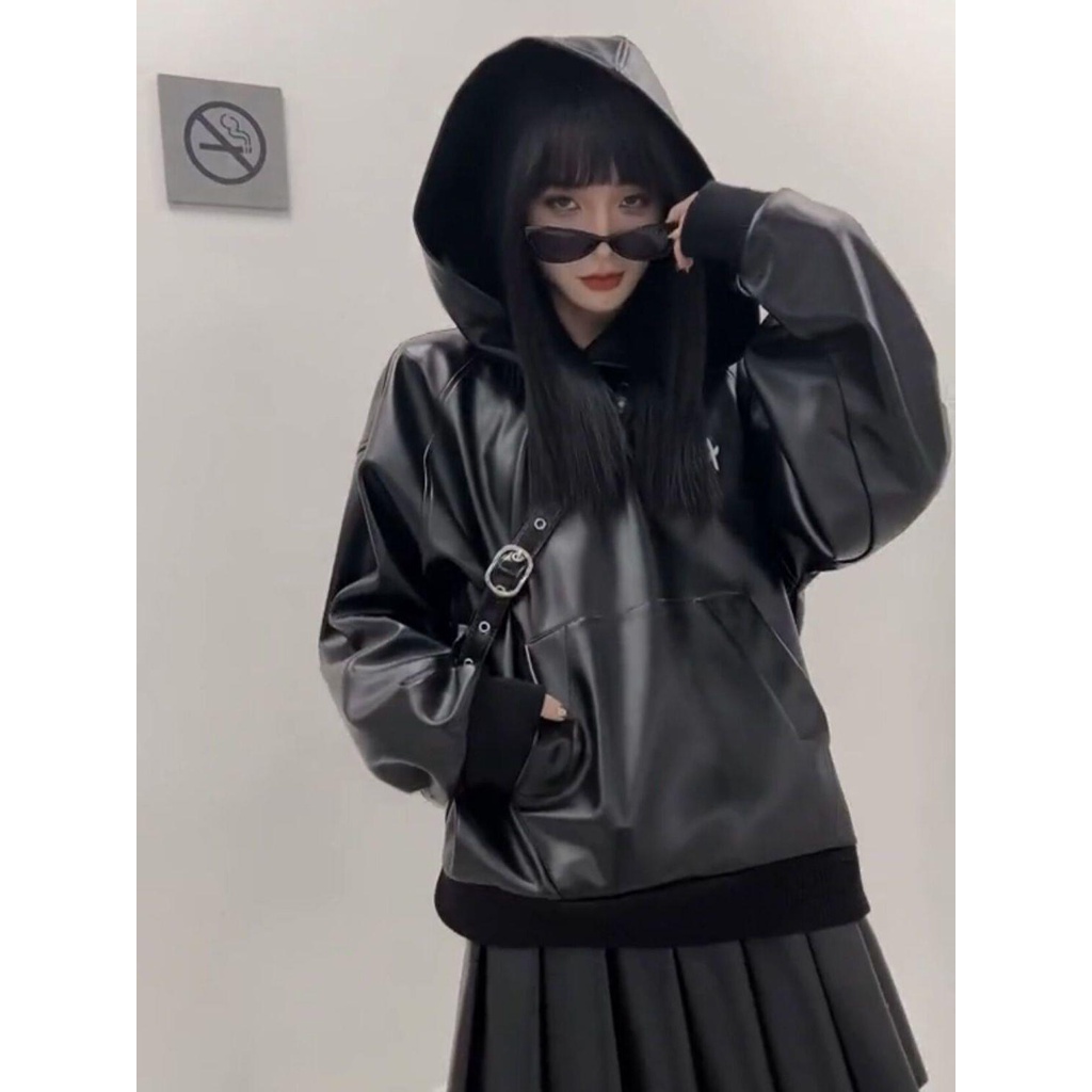 Áo Khoác Da pu Có Mũ Trùm Đầu Phong Cách Thời Trang Âu Mỹ 2023