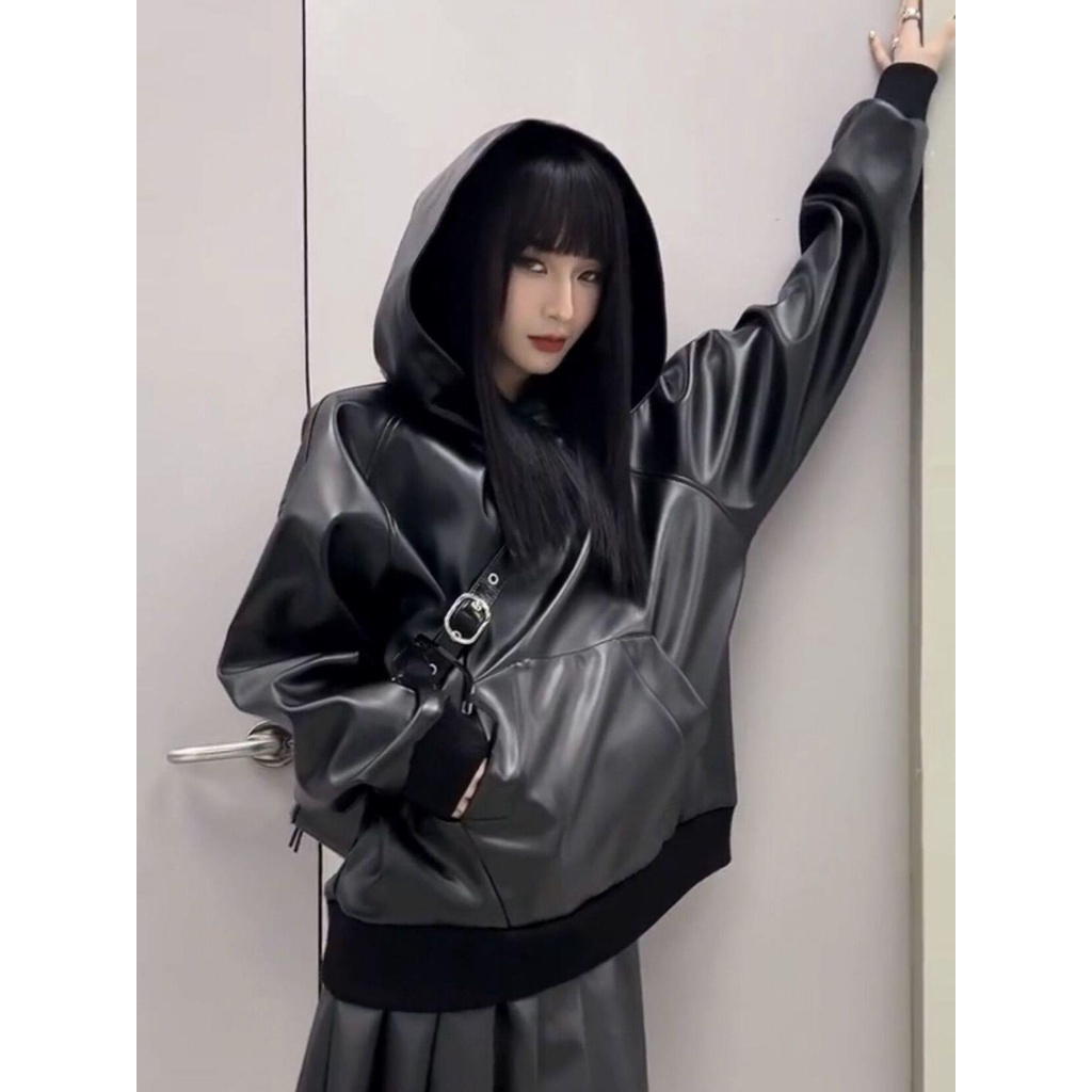 Áo Khoác Da pu Có Mũ Trùm Đầu Phong Cách Thời Trang Âu Mỹ 2023