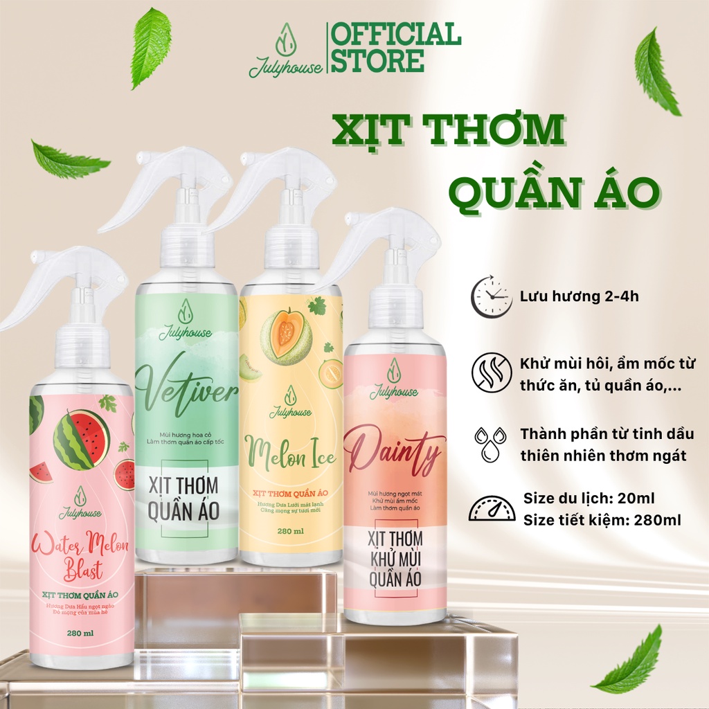 Xịt thơm quần áo JULYHOUSE 20ml/280ml chiết xuất tinh dầu thiên nhiên thơm mát