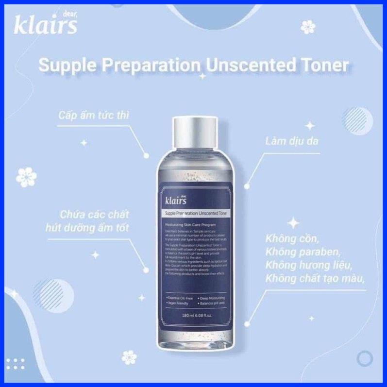 Nước Hoa Hồng Không mùi Làm Mềm Da Klairs Supple Preparation Unscented Toner 180ml