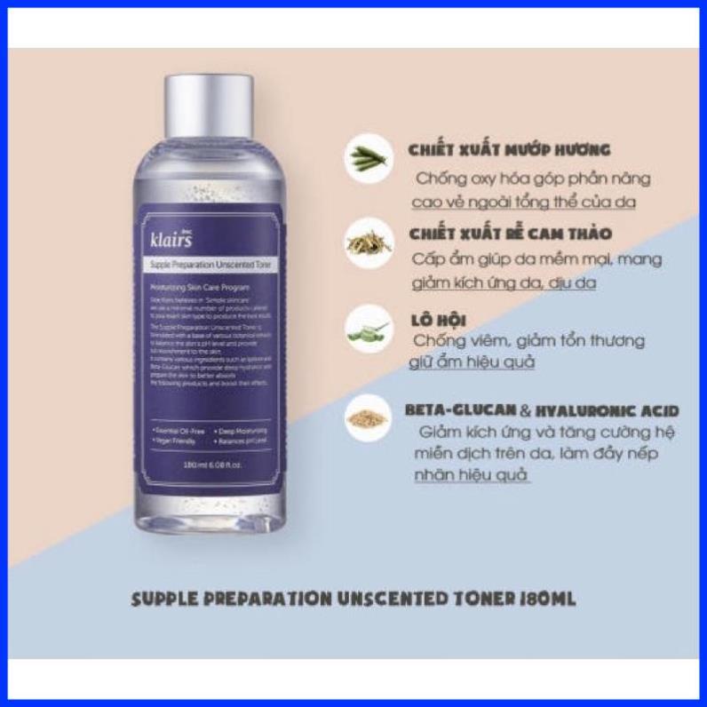 Nước Hoa Hồng Không mùi Làm Mềm Da Klairs Supple Preparation Unscented Toner 180ml