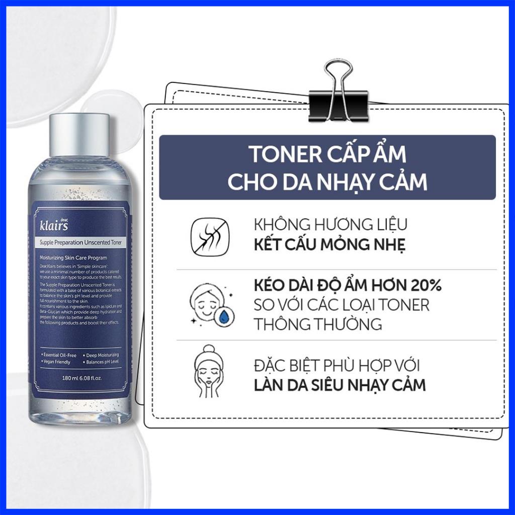 Nước Hoa Hồng Không mùi Làm Mềm Da Klairs Supple Preparation Unscented Toner 180ml