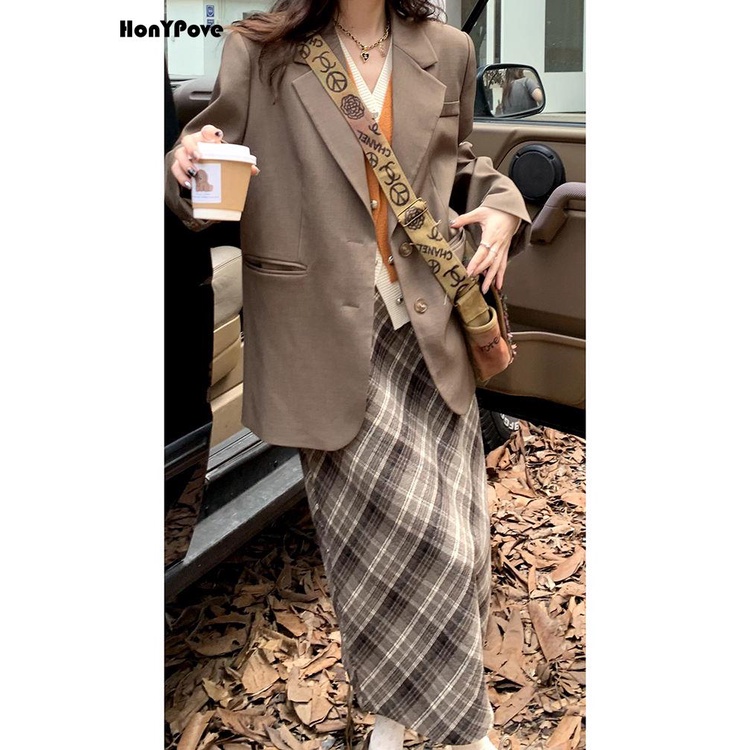 Honypove Chân Váy Len Dài Lưng Cao Xẻ Tà Họa Tiết Sọc Caro Phong Cách retro