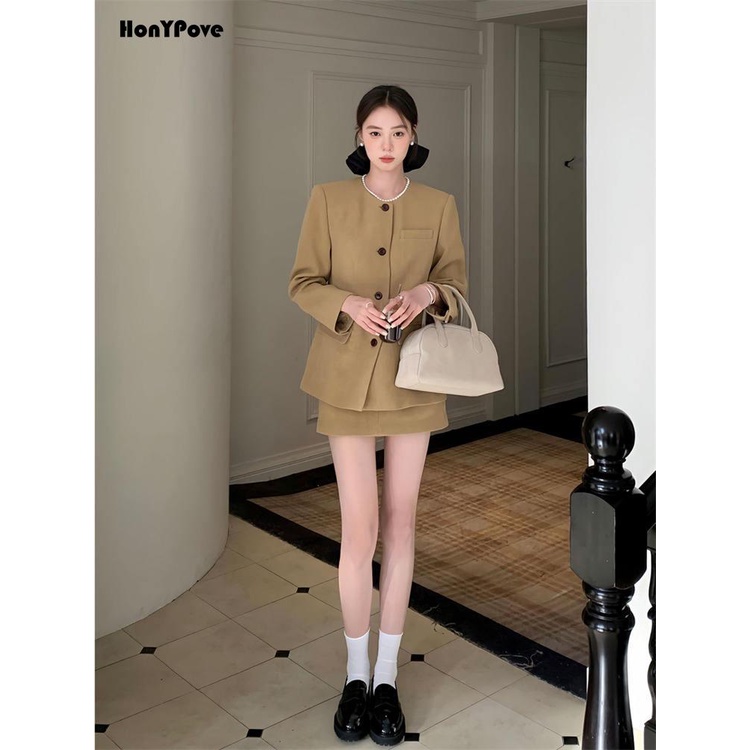 Honypove Bộ Áo Khoác Vest Tay Dài + Chân Váy Chữ a Lưng Cao Thời Trang Mùa Thu Cho Nữ