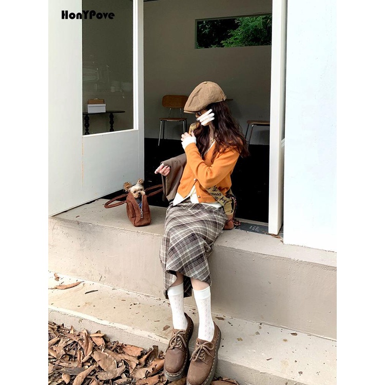 Honypove Chân Váy Len Dài Lưng Cao Xẻ Tà Họa Tiết Sọc Caro Phong Cách retro
