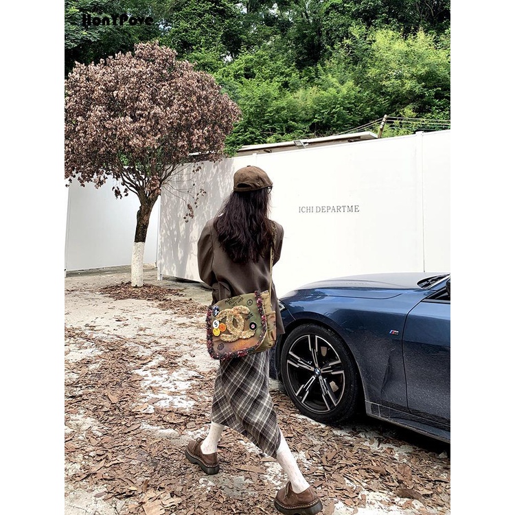 Honypove Chân Váy Len Dài Lưng Cao Xẻ Tà Họa Tiết Sọc Caro Phong Cách retro