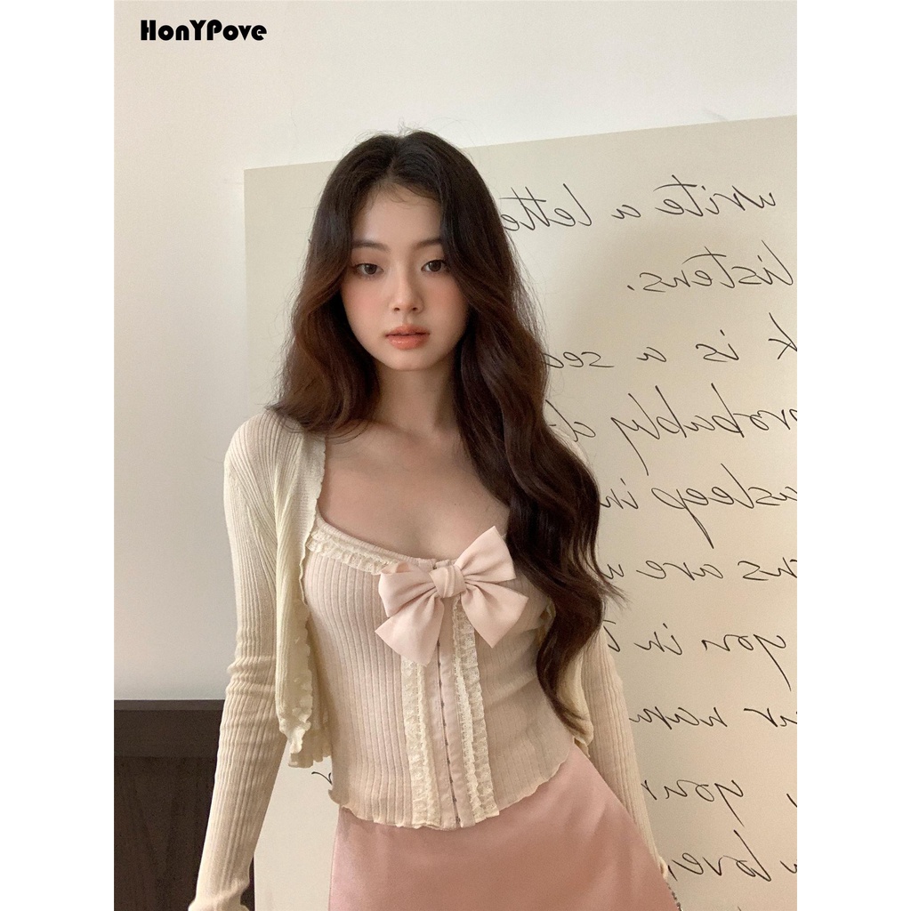 Honypove Áo Hai Dây Dệt Kim Phối Ren Màu Trơn Thời Trang Xuân Hè Cho Nữ | BigBuy360 - bigbuy360.vn