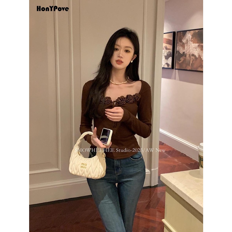 Honypove Áo sweater Cổ Vuông Tay Dài Dáng Ôm In Họa Tiết Hoa Hồng Ba Chiều Thanh Lịch Cho Bạn Gái
