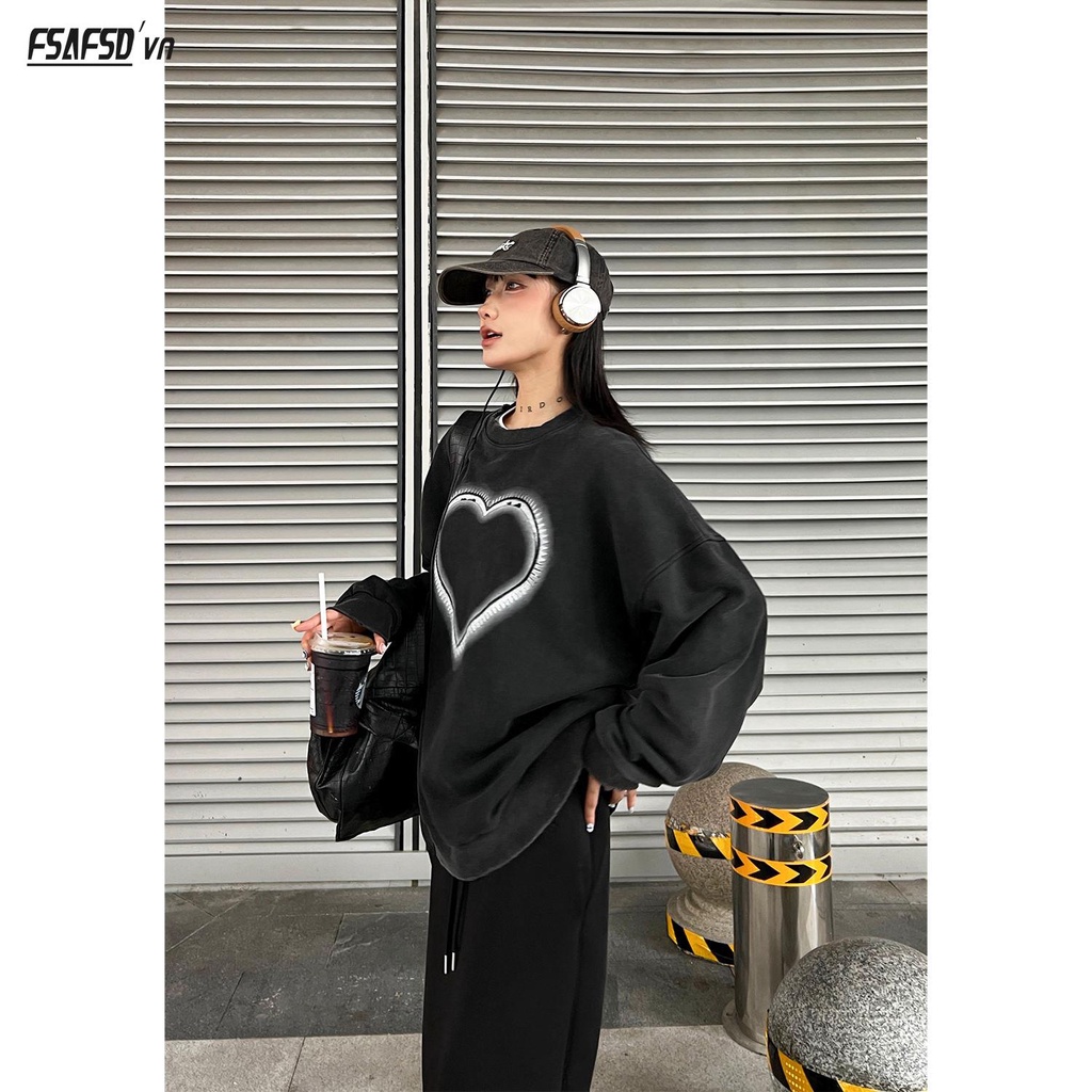 Áo Thun Nỉ Cổ Tròn In Hình Trái Tim Phong Cách Mới Mùa Thu 2023