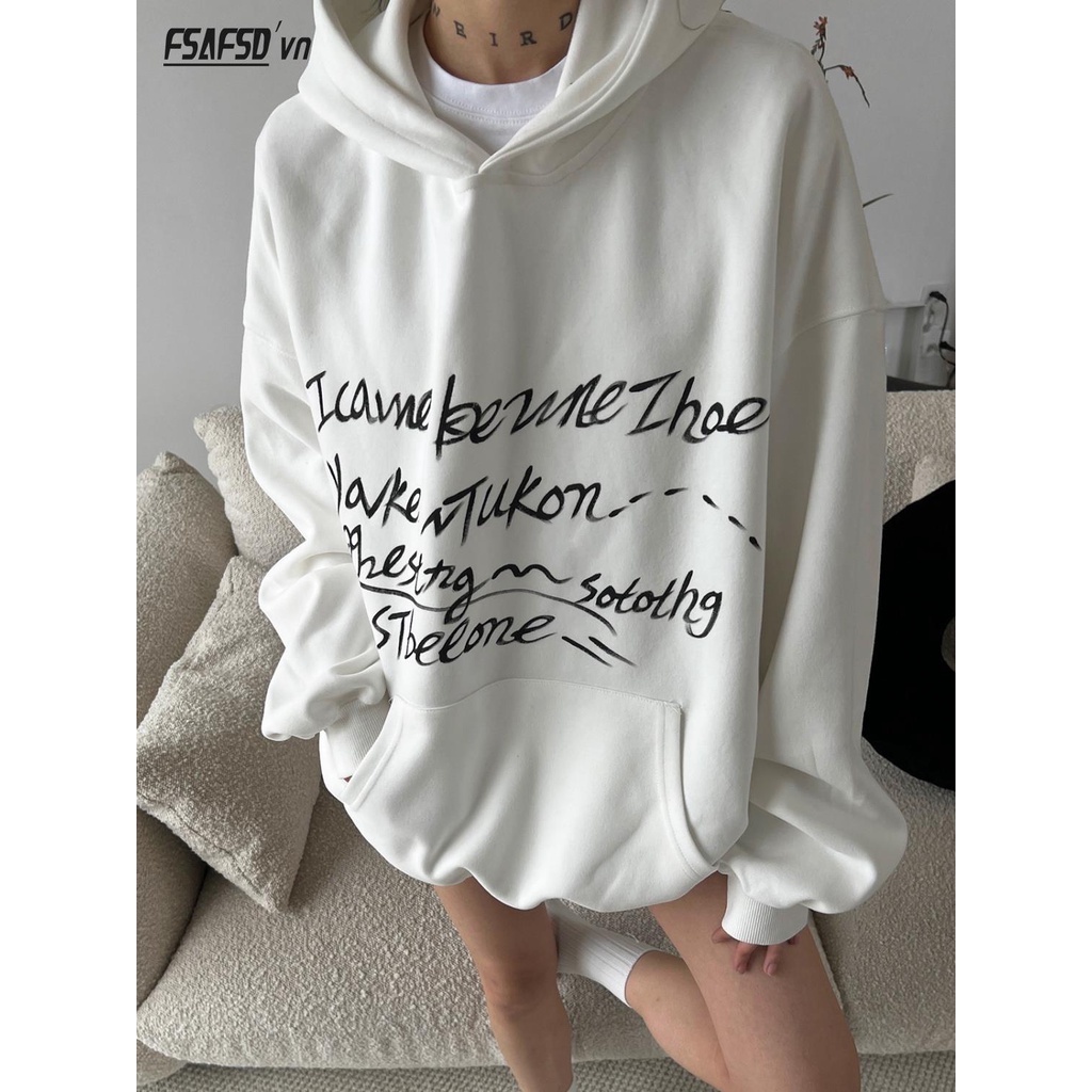 Áo hoodie Dáng Rộng In Chữ Vẽ Tay Phong Cách Mới Mùa Thu 2023 Cho Nữ