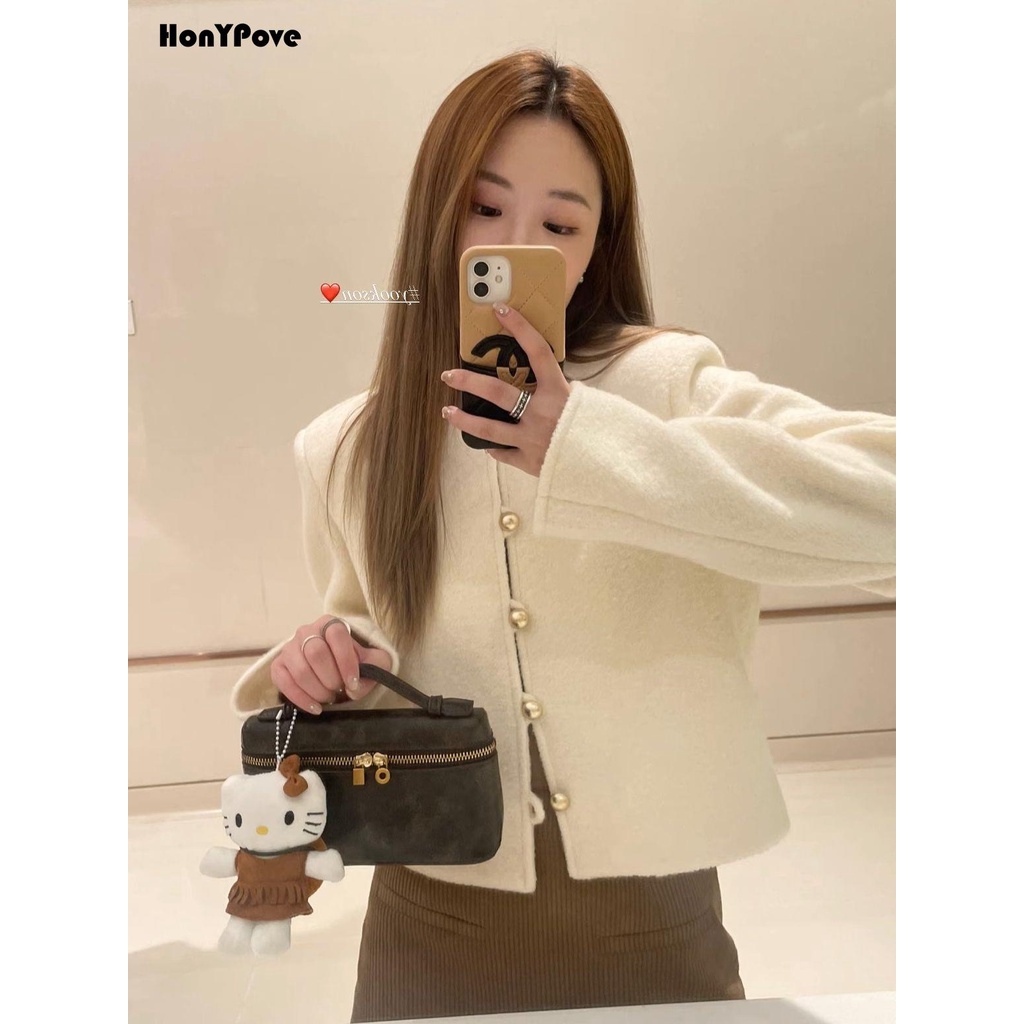 Honypove Áo Khoác Len Dáng Dài Có Nút Cài Hình Trái Tim Ánh Sáng Trắng Cho Nữ