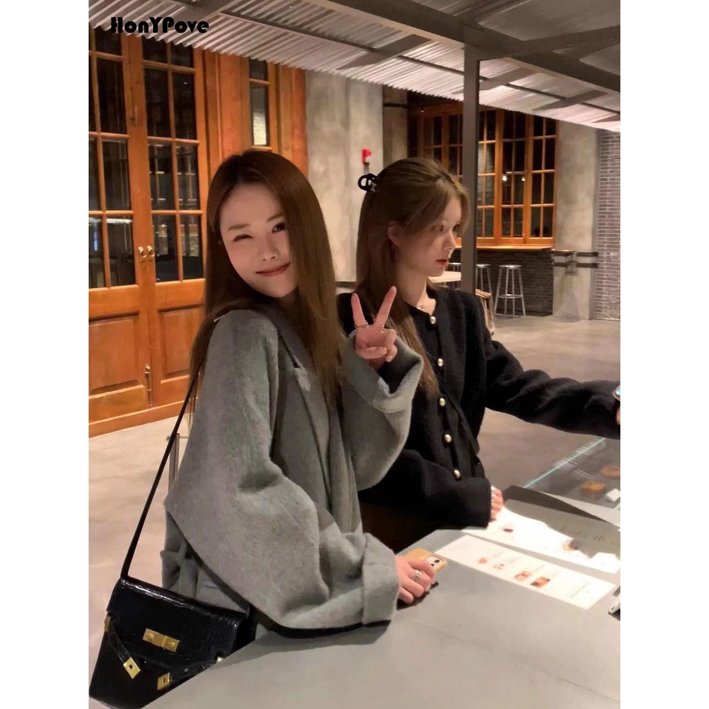 Honypove Áo Khoác Len Dáng Dài Có Nút Cài Hình Trái Tim Ánh Sáng Trắng Cho Nữ