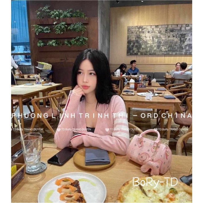 Áo cadigan len sọc tay hồng hàng QCL1