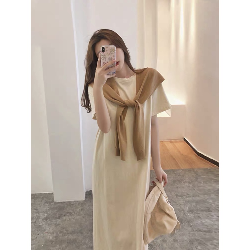 Set váy suông chất nỉ tăm cộc tay kèm khăn phong cách Hàn Quốc