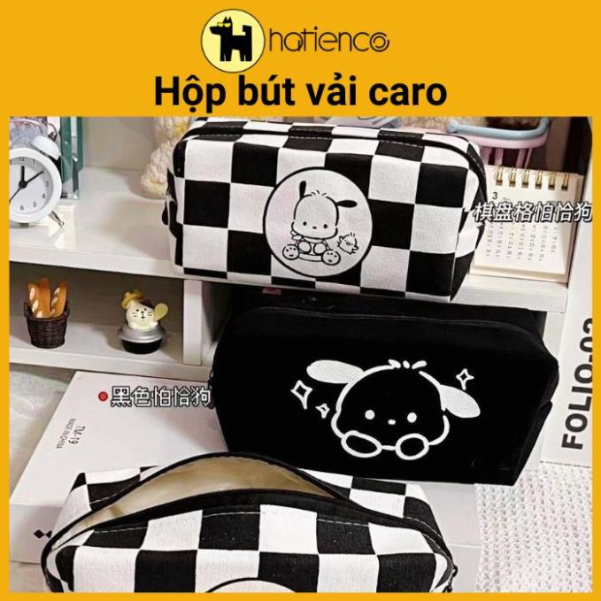 Hộp bút vải caro chó con trắng đen