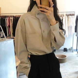 Áo kiểu tay dài cổ đứng dáng rộng màu trơn phối nút chéo cá tính