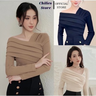 Áo Lệch Vai Chất Tăm Lạnh Vai Xếp Ly Chéo Vạt Lệch Thời Kèm Video Thật