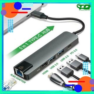 Cáp chuyển đổi adapter usb type c 5in1 tích hợp cổng mạng lan, sạc nhanh pd, usb 3.0 và hdmi