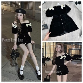 𝗩𝗶𝗱𝗲𝗼 𝗔̉𝗻𝗵 𝗧𝗵𝗮̣̂𝘁 ✔ Set áo trễ vai phối nơ mix cv nhung điện thoại sịn Vải nhung cứng