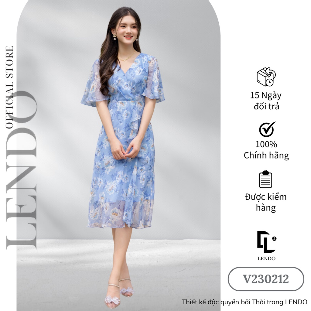 Đầm Họa Tiết Cổ V Nhún Bèo LENDO V230212