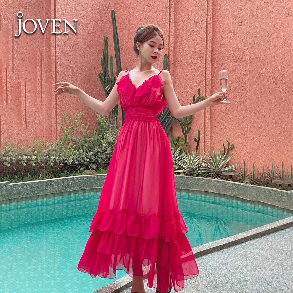 JOVEN Đầm Maxi 2 Dây Chân Váy Xếp Tầng Cổ V Bèo Nhún Nữ Tính