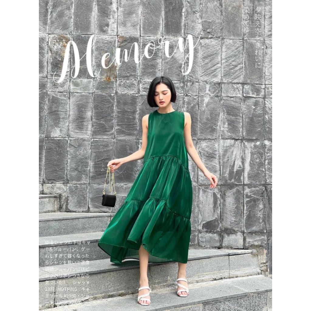 Đầm maxi Xenia váy đi biển xanh lá sang chảnh lụa organza cao cấp JOVEN, thiết kế tầng xòe suông dáng dài, đi biển