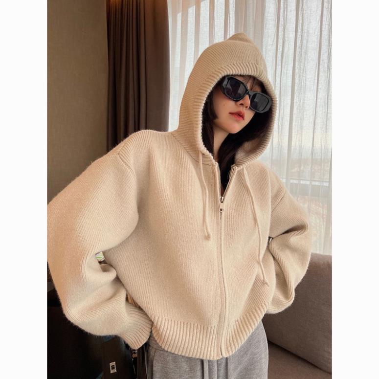 Áo Hoodies len dáng ngắn thời trang thu đông khoá zip 2023