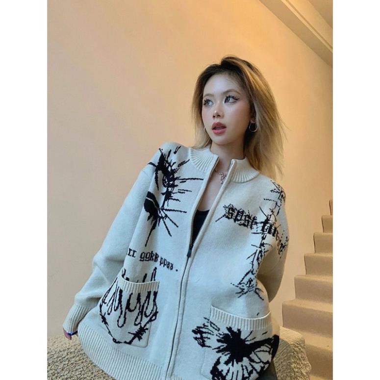 Áo khoác len EYES khoá zip dáng rộng có túi thời trang nam nữ 2023