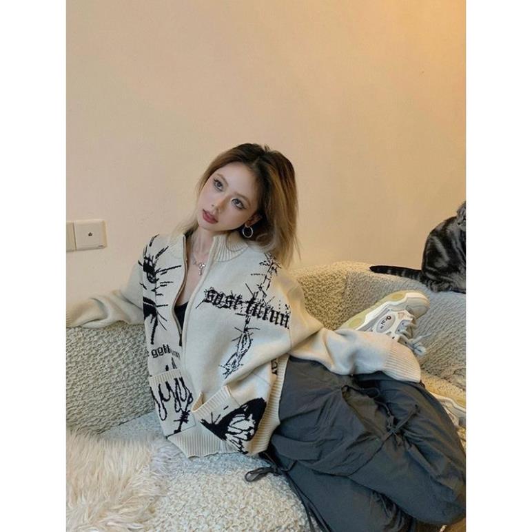 Áo khoác len EYES khoá zip dáng rộng có túi thời trang nam nữ 2023