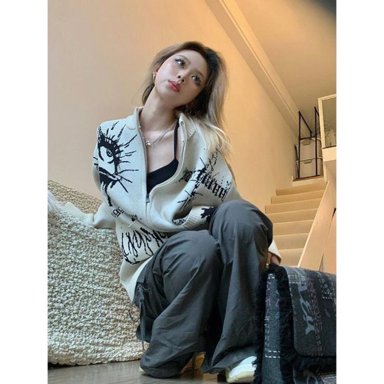 Áo khoác len EYES khoá zip dáng rộng có túi thời trang nam nữ 2023