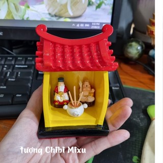 Miếu Thần Tài Thổ Địa  (Miếu size trung + 02 tượng 3cm + lư hương đất sét) mô hình bàn thờ Thần Tài Ông Địa mini