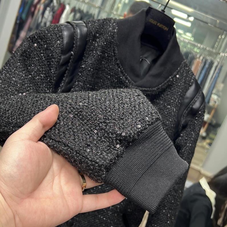 Áo Khoác Teddy Dạ Kim Tuyến Đen Phối Da Đen Áo Bomber Teddy Son Tung Hàng Mùa Đông Viền Vai Da