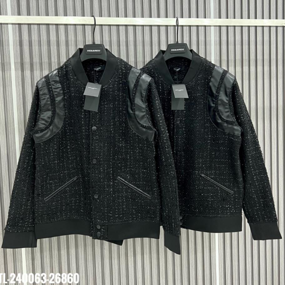 Áo Khoác Teddy Dạ Kim Tuyến Đen Phối Da Đen Áo Bomber Teddy Son Tung Hàng Mùa Đông Viền Vai Da