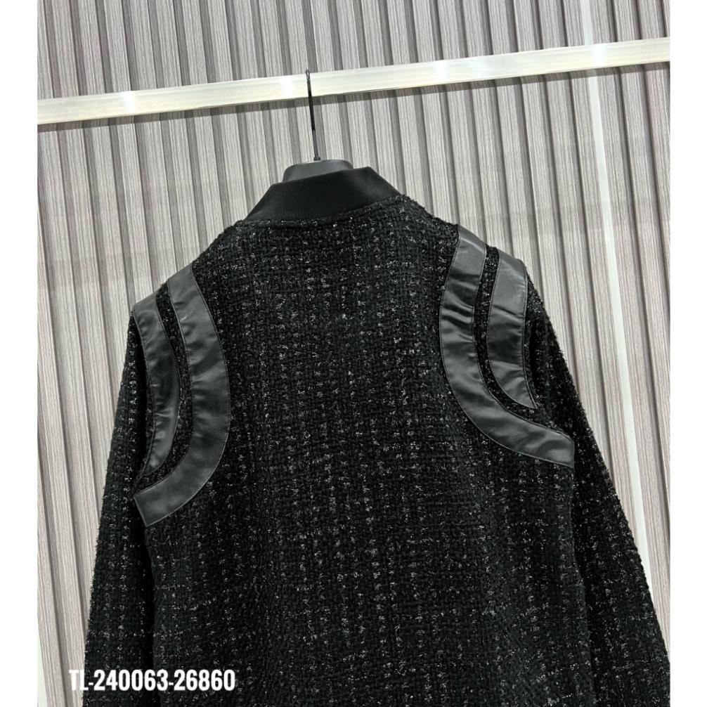 Áo Khoác Teddy Dạ Kim Tuyến Đen Phối Da Đen Áo Bomber Teddy Son Tung Hàng Mùa Đông Viền Vai Da