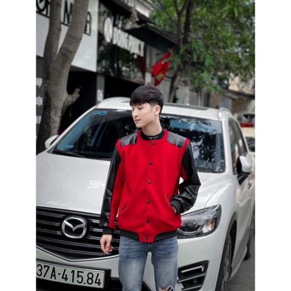 Áo khoác da bomber jacket GC nam nữ trơn bóng phối bo chun sọc xanh đỏ khoá zip