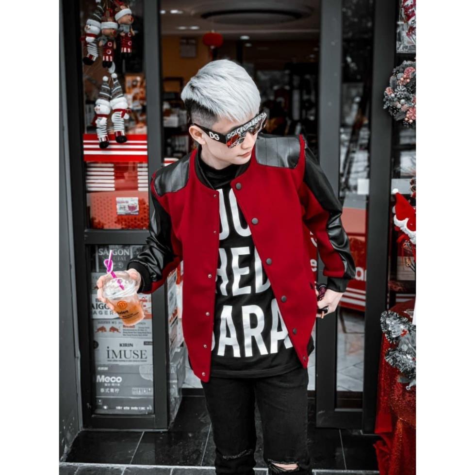 Áo khoác da bomber jacket GC nam nữ trơn bóng phối bo chun sọc xanh đỏ khoá zip