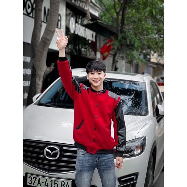 Áo khoác da bomber jacket GC nam nữ trơn bóng phối bo chun sọc xanh đỏ khoá zip