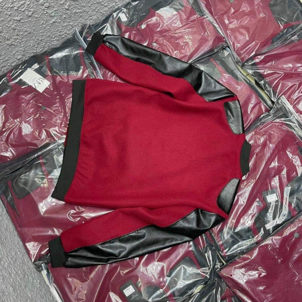 Áo khoác da bomber jacket GC nam nữ trơn bóng phối bo chun sọc xanh đỏ khoá zip