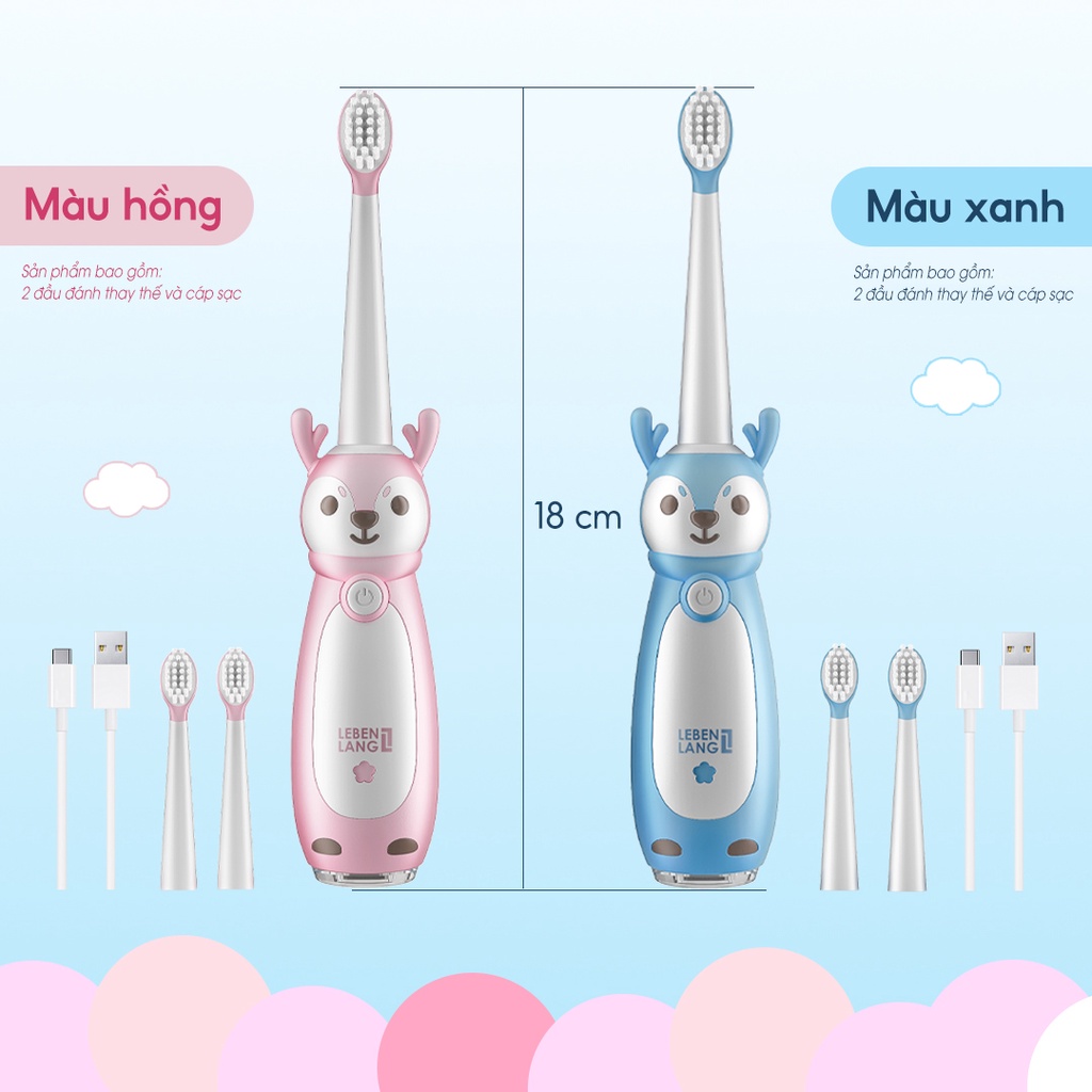 Bàn chải điện thông minh cho bé Lebenlang LBL3021, thiết kế đáng yêu, chống thấm nước IPX7,3 chế độ điều chỉnh, bảo hành