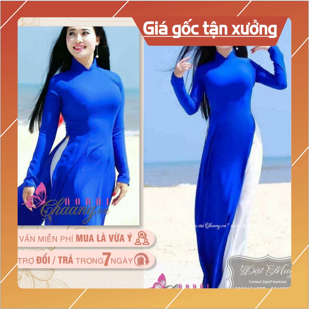 {Ảnh thật} Áo dài xanh coban Chaang May sẵn áo dài truyền thống vải lụa đẹp