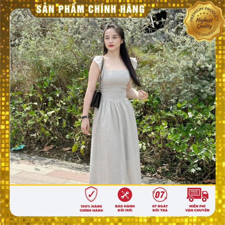 Đầm maxi vải linen sát nách phối tay bèo, thân thun 2 màu Xanh / Xám - Lovadova 23D06CC03