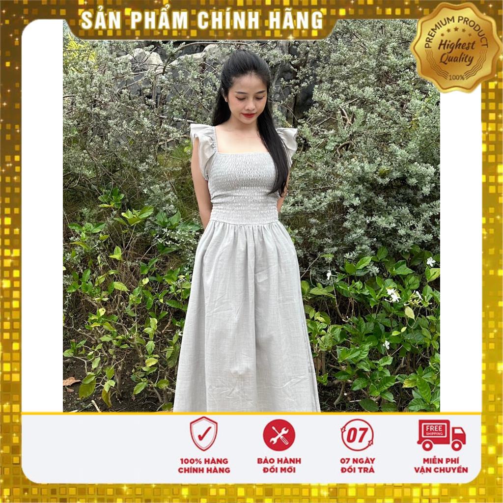 Đầm maxi vải linen sát nách phối tay bèo, thân thun 2 màu Xanh / Xám - Lovadova 23D06CC03